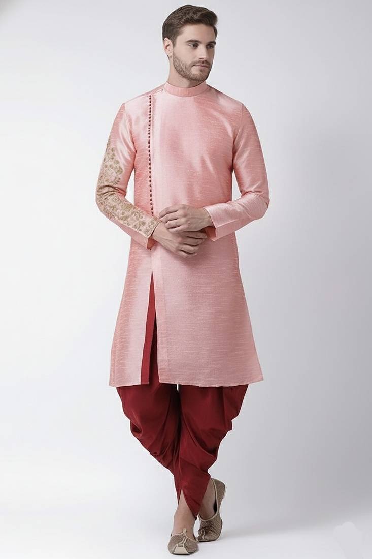 Peach embroidered dupion silk kurta set