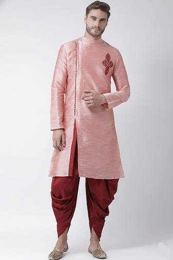 Peach embroidered dupion silk kurta set