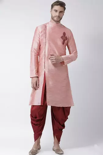Peach embroidered dupion silk kurta set