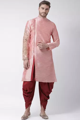 Peach embroidered dupion silk kurta set