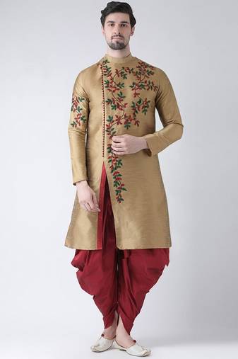 Beige embroidered dupion silk kurta set
