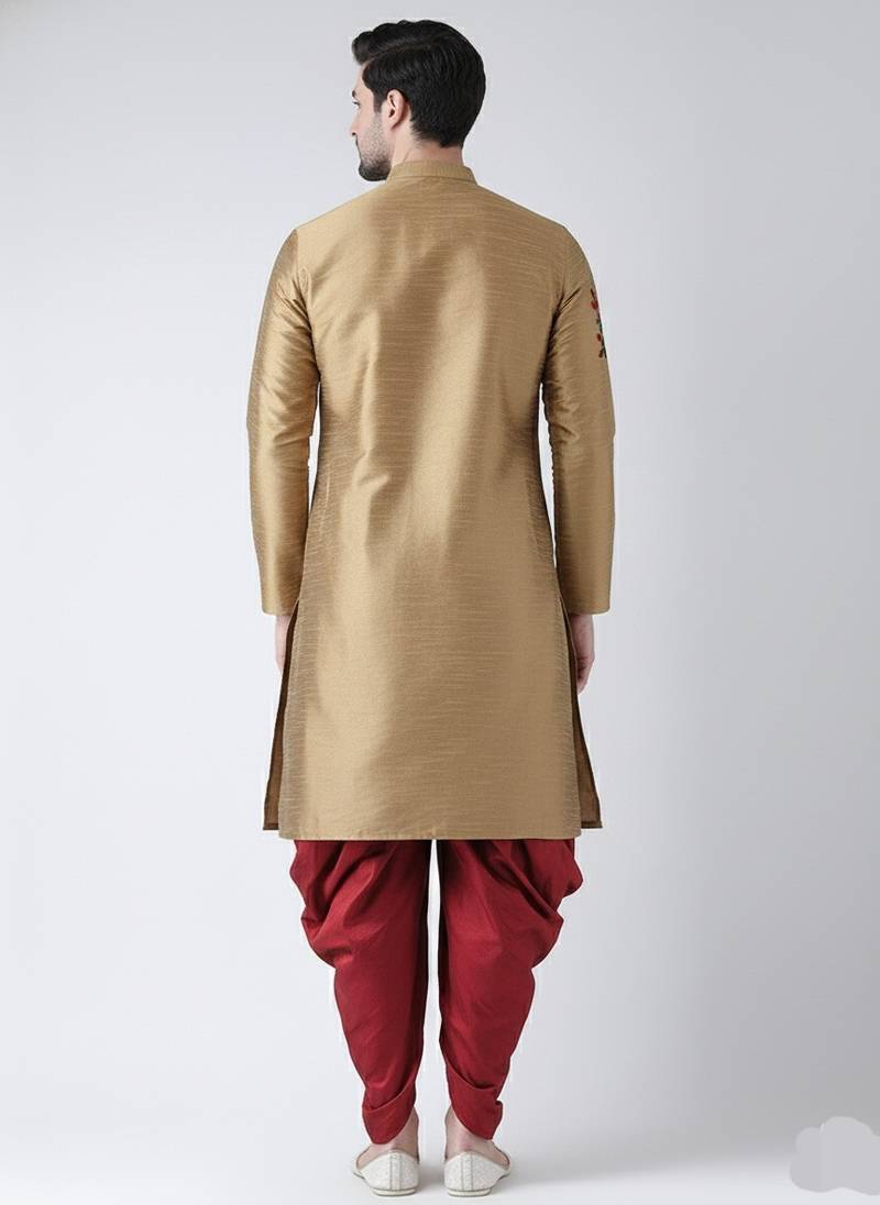 Beige embroidered dupion silk kurta set