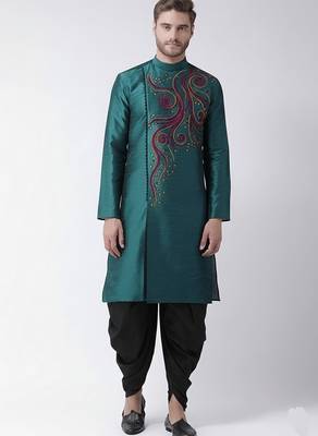 Sea green embroidered dupion silk kurta set 1