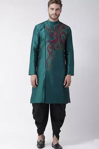 Sea green embroidered dupion silk kurta set