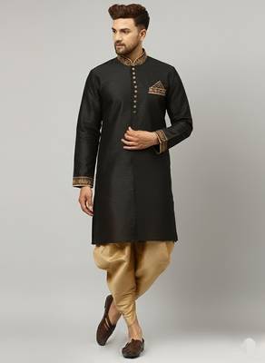 Black embroidered dupion silk kurta set 1