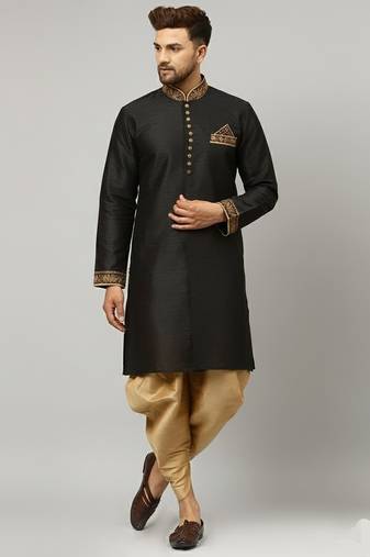 Black embroidered dupion silk kurta set
