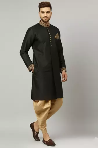 Black embroidered dupion silk kurta set