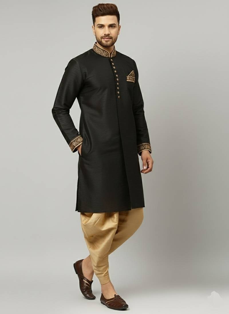 Black embroidered dupion silk kurta set