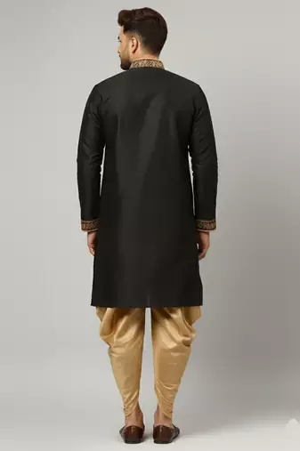 Black embroidered dupion silk kurta set