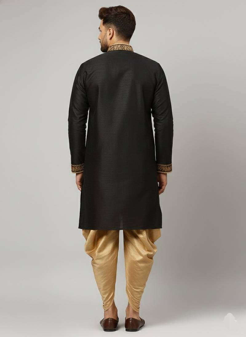 Black embroidered dupion silk kurta set