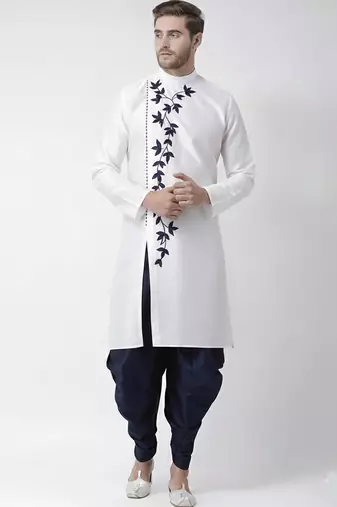 White embroidered dupion silk kurta set
