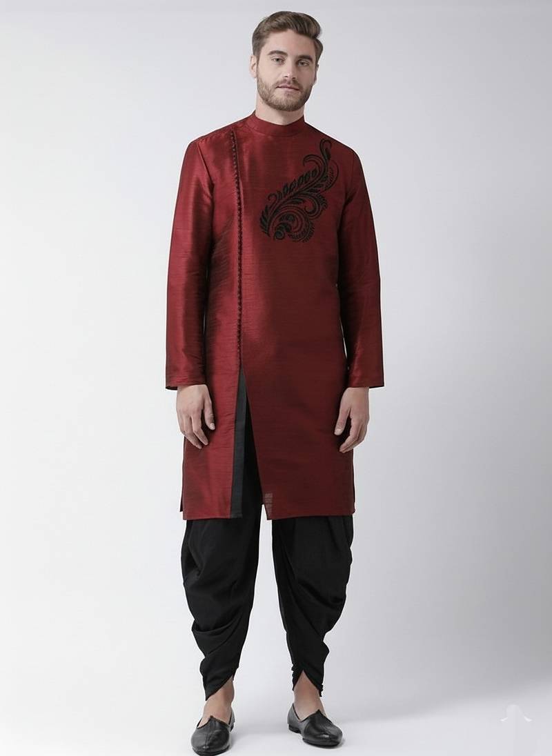 Maroon embroidered dupion silk kurta set