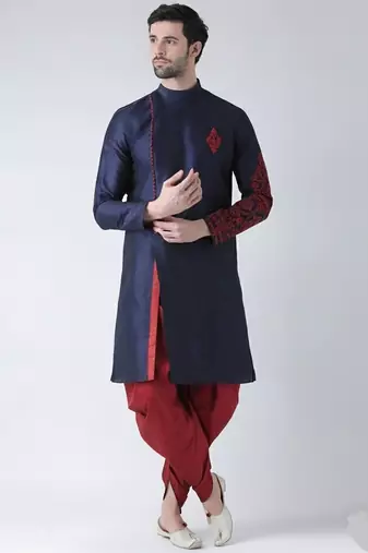 Navy embroidered dupion silk kurta set