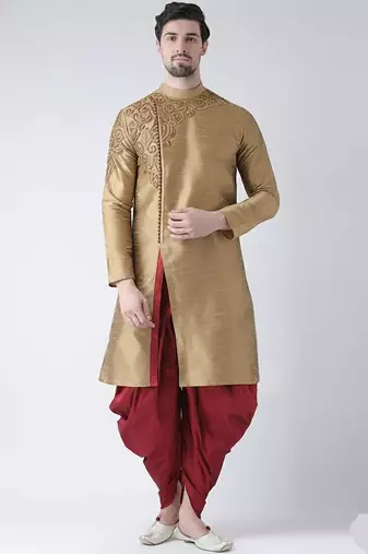 Beige embroidered dupion silk kurta set