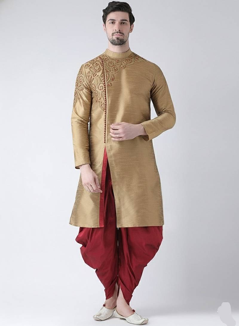Beige embroidered dupion silk kurta set