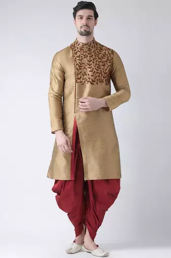 Beige embroidered dupion silk kurta set