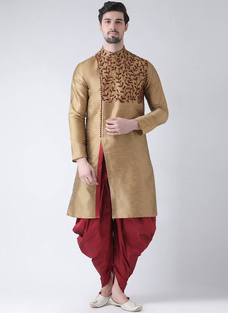 Beige embroidered dupion silk kurta set