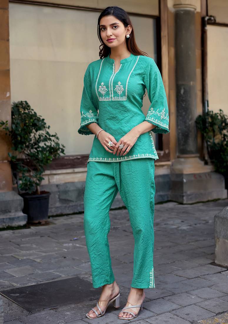 Printed Shirt Collar Top With Trouser 