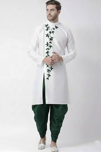 White embroidered dupion silk kurta set