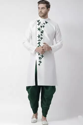 White embroidered dupion silk kurta set
