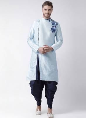 Light blue embroidered dupion silk kurta set 1