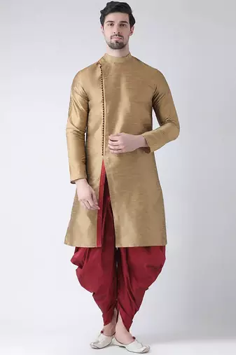 Beige embroidered dupion silk kurta set