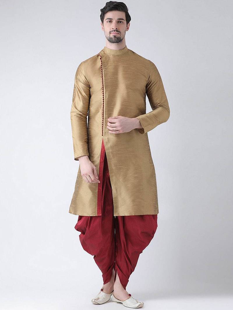 Beige embroidered dupion silk kurta set