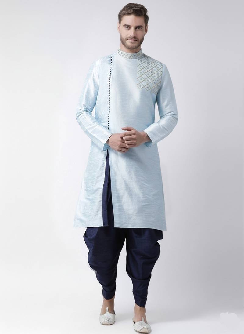 Light blue embroidered dupion silk kurta set