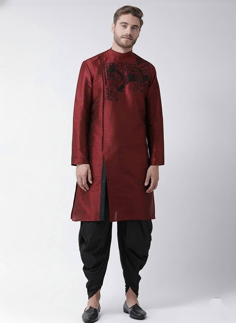 Maroon embroidered dupion silk kurta set