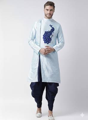 Light blue embroidered dupion silk kurta set 1