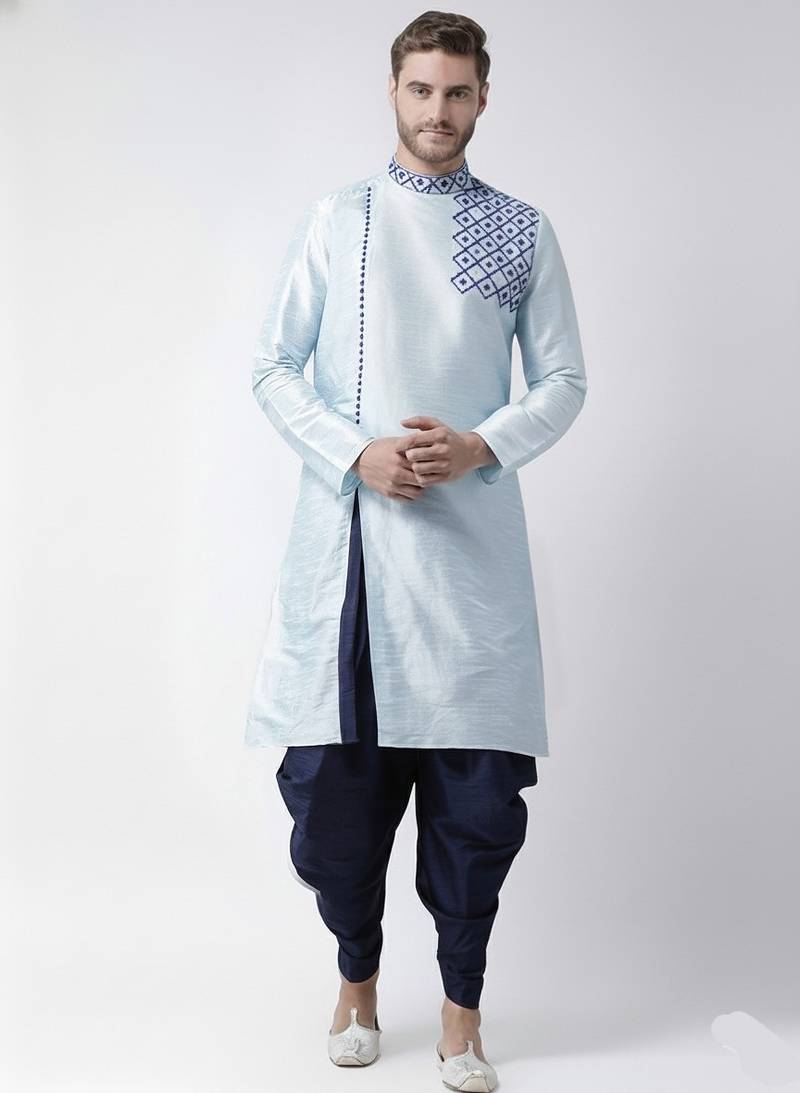 Light blue embroidered dupion silk kurta set