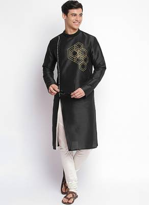 Black embroidered dupion silk kurta set 1