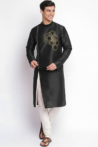 Black embroidered dupion silk kurta set