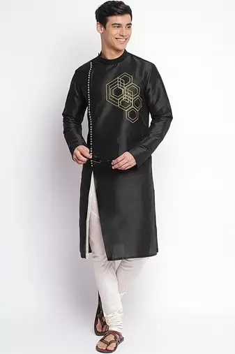 Black embroidered dupion silk kurta set