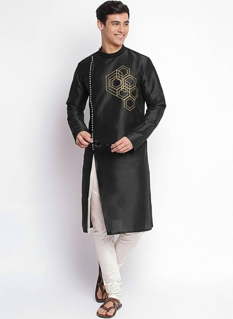 Black embroidered dupion silk kurta set