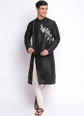 Black embroidered dupion silk kurta set 1