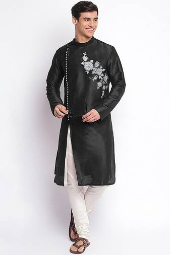 Black embroidered dupion silk kurta set
