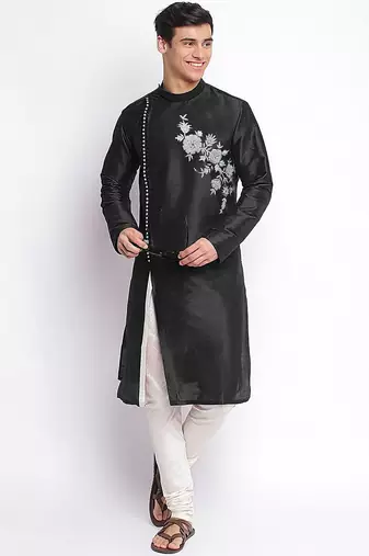 Black embroidered dupion silk kurta set