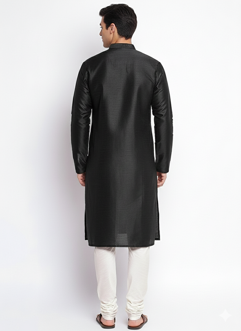 Black embroidered dupion silk kurta set