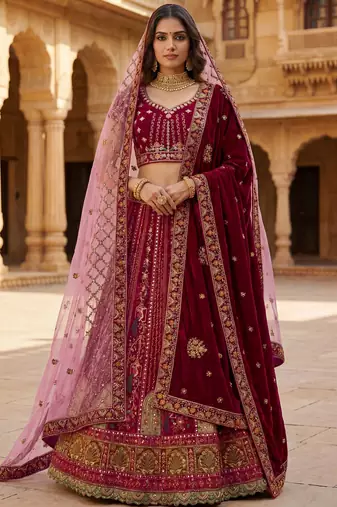  maroon embroidered velvet bridal lehenga set choli with dupatta with double dupatta