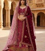  maroon embroidered velvet bridal lehenga set choli with dupatta with double dupatta