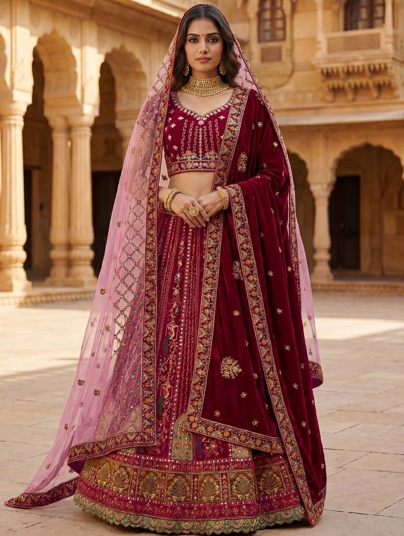  maroon embroidered velvet bridal lehenga set choli with dupatta with double dupatta