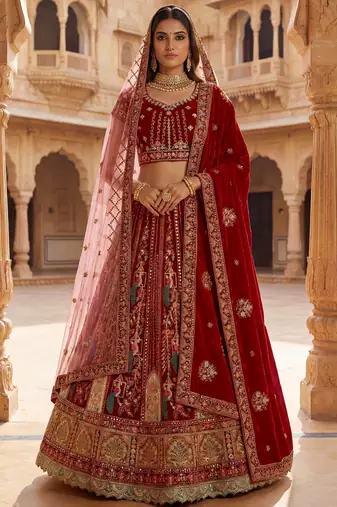 red embroidered velvet bridal lehenga set choli with dupatta with double dupatta