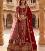  red embroidered velvet bridal lehenga set choli with dupatta with double dupatta