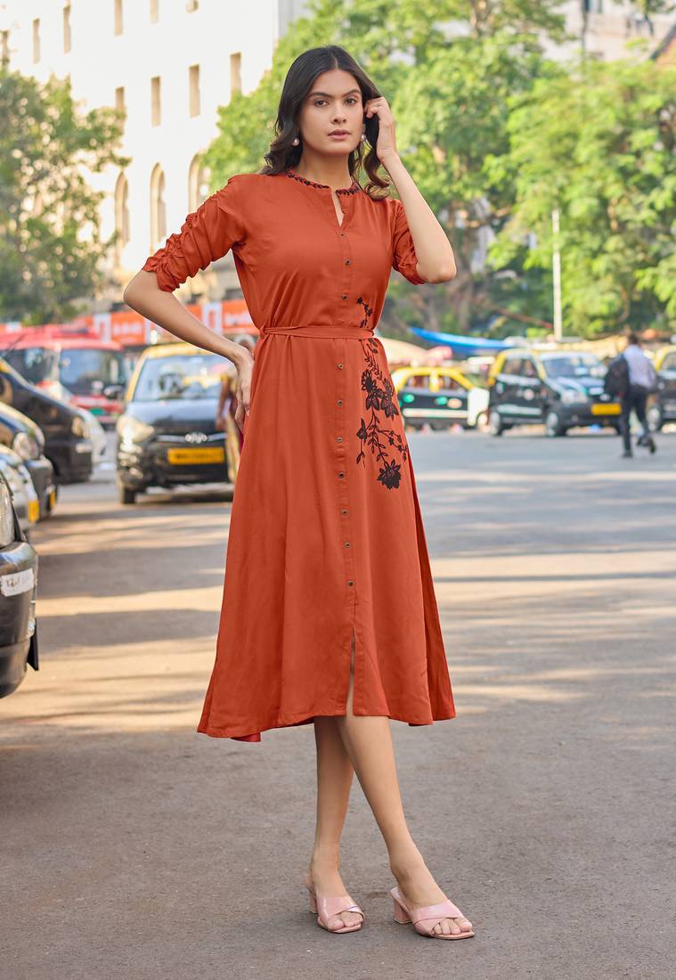 Women Floral Embroidered Puff Sleeves Fit & Flare Dress