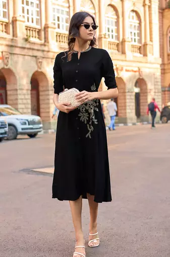 Women Floral Embroidered Puff Sleeves Fit & Flare Dress