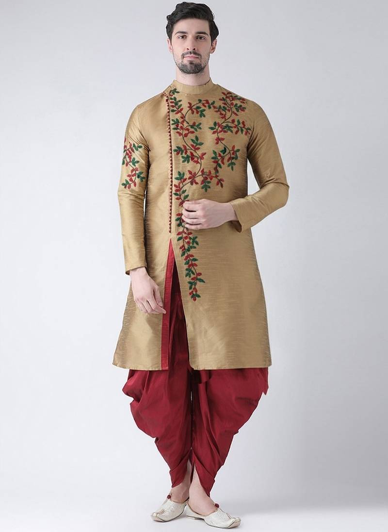 Beige embroidered dupion silk kurta set
