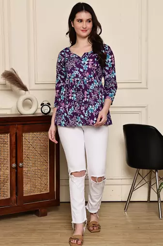 Purple women's cotton jaipuri printed short top