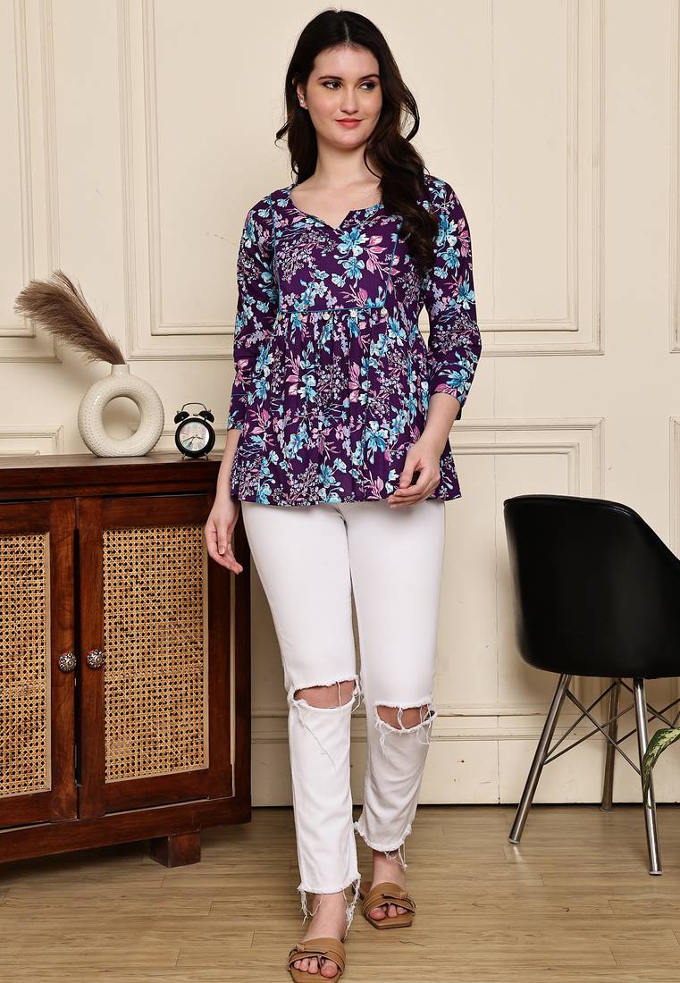 Purple women's cotton jaipuri printed short top