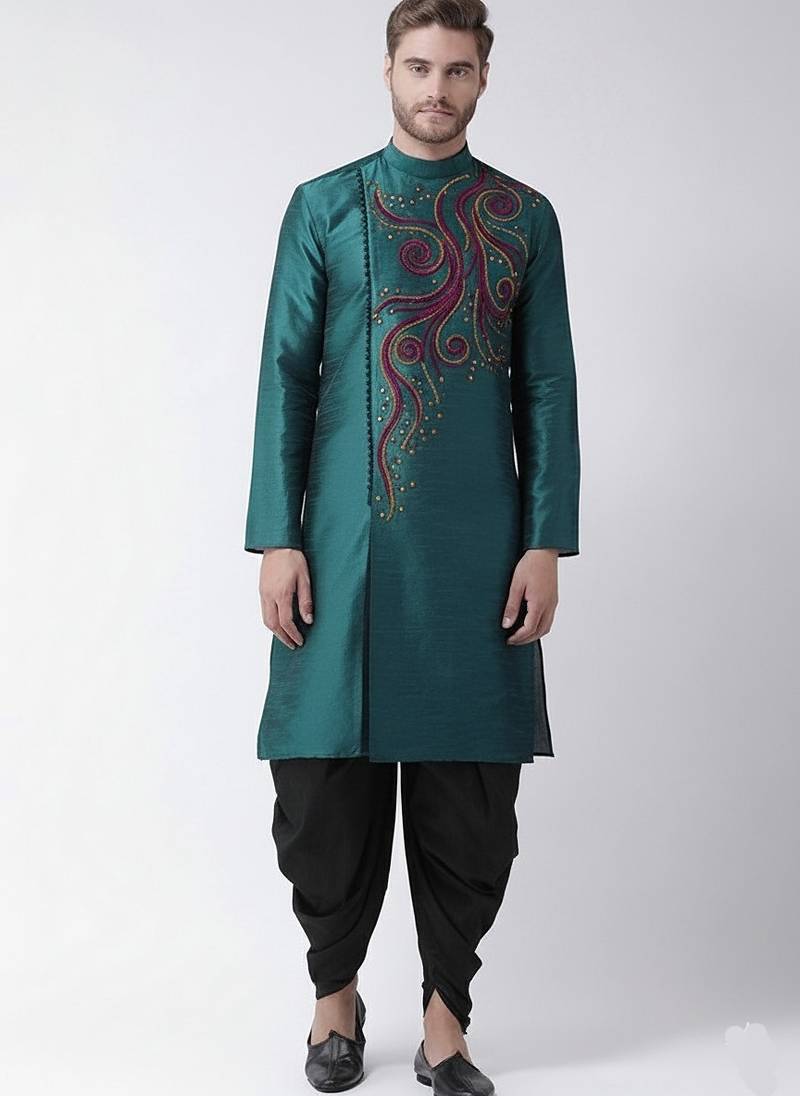 Sea green embroidered dupion silk kurta set